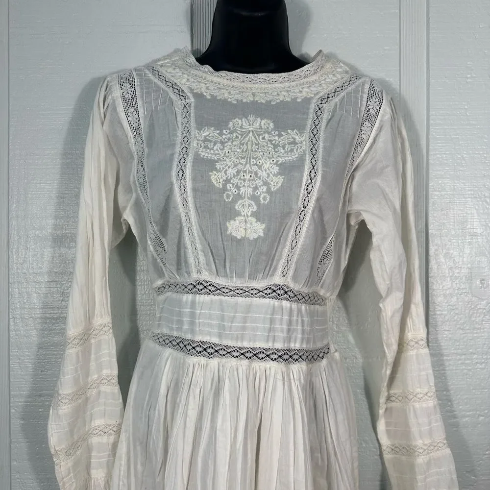 Free People White Victorian Waisted Mini Dress Ivory No Size EUC